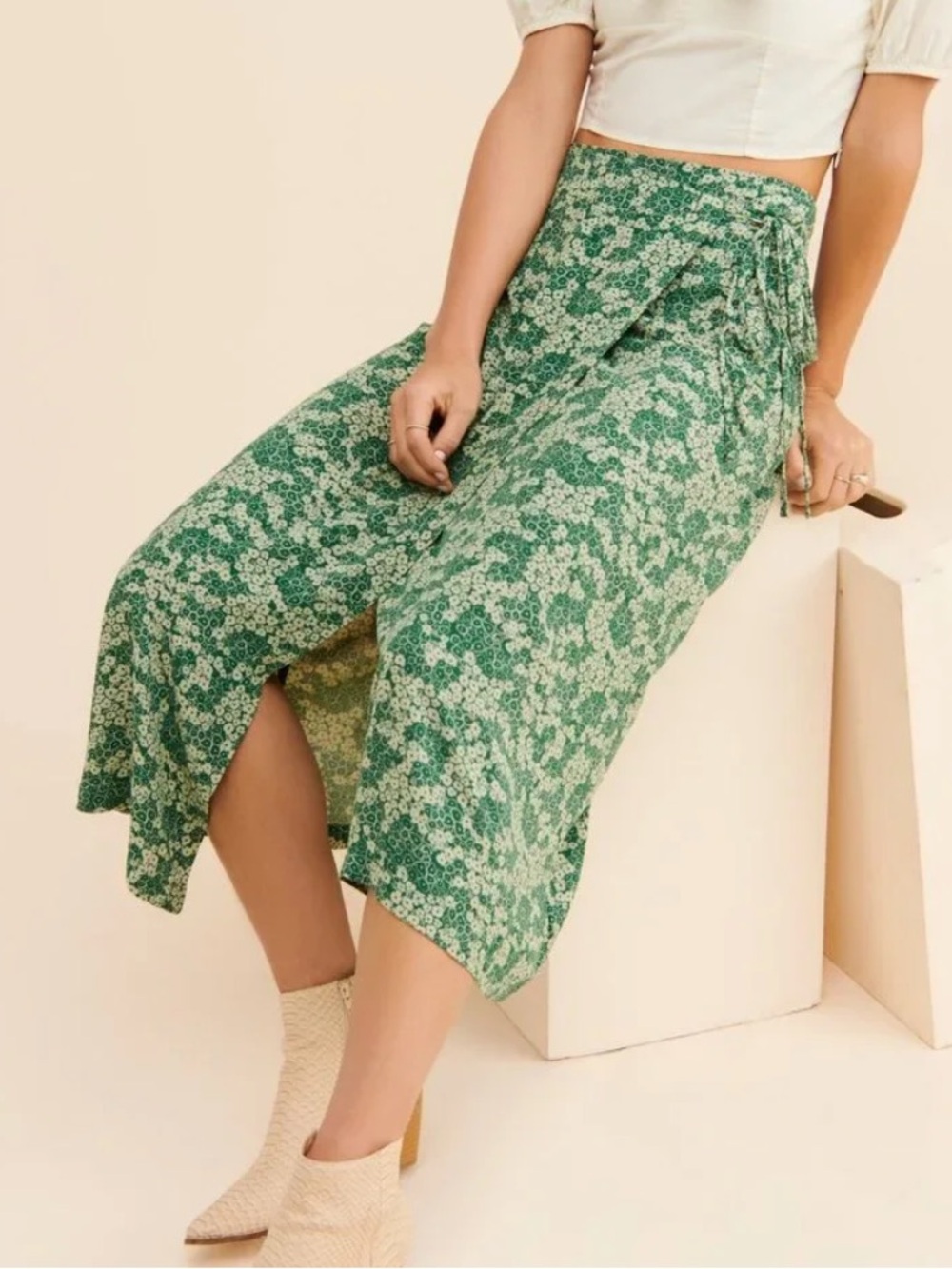 Free People Yasmin green floral wrap midi skirt